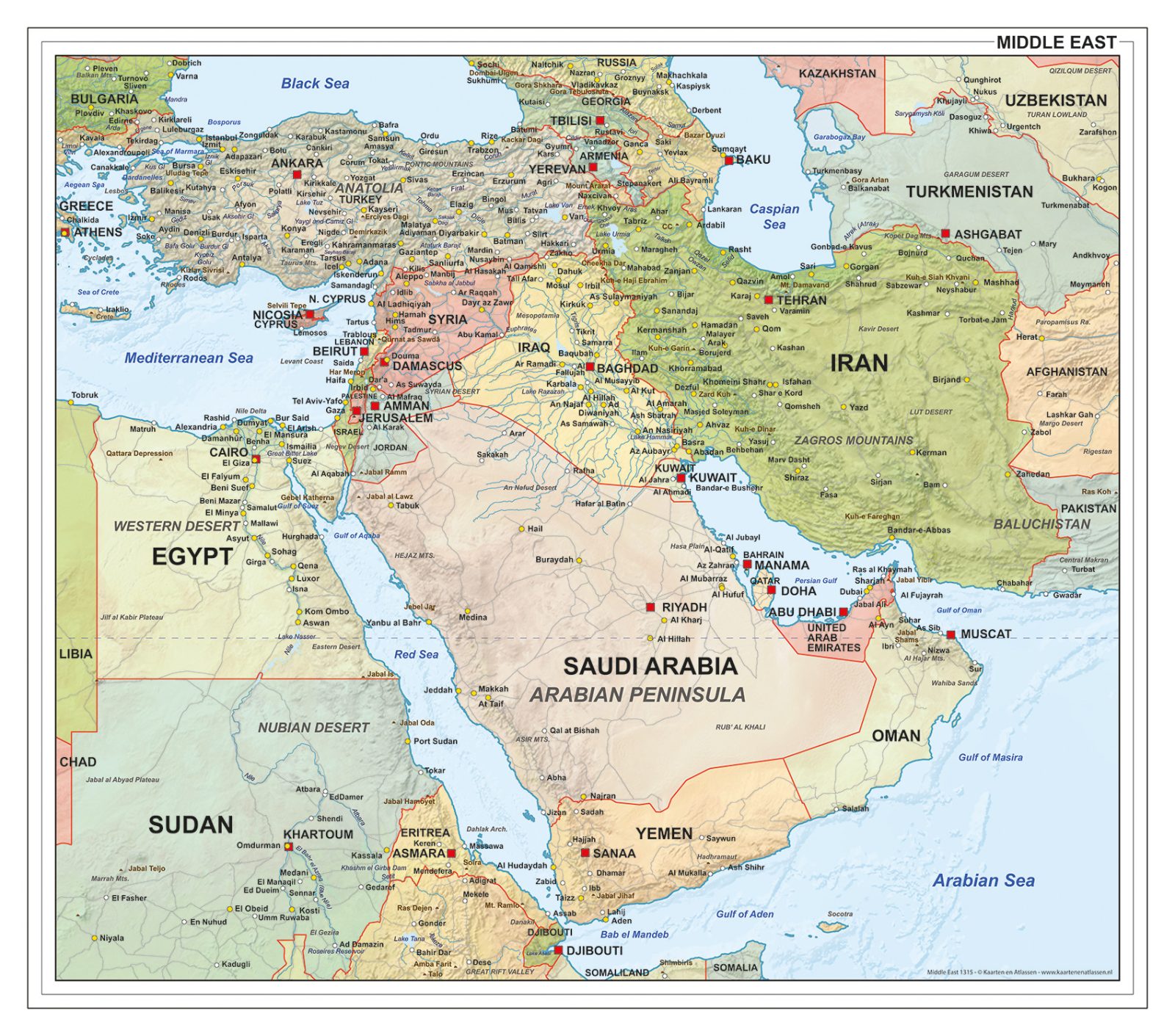 Midden-Oosten Kaart Staatkundig Middle East Political Map