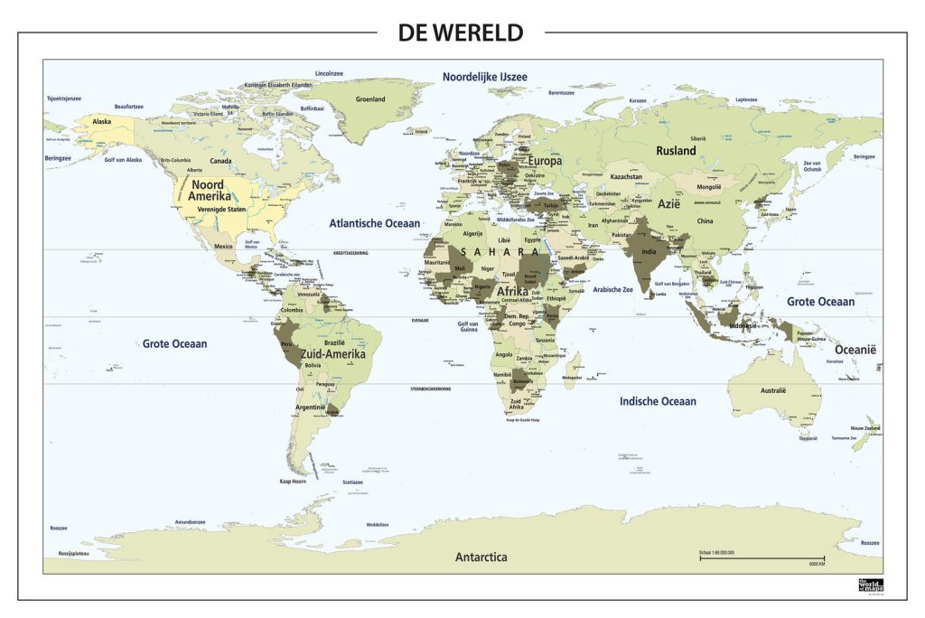 Wereldkaart staatkundig in groen tinten