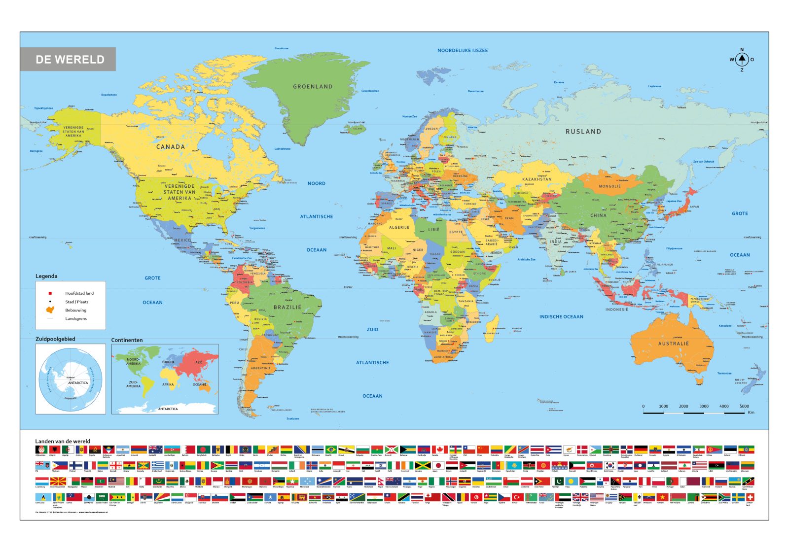 Schoolkaart staatkundig van de wereld. in d eondersta balk zijn alle vlaggen van alle landen afgebeeld
