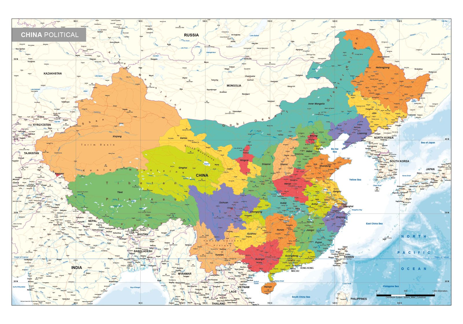 Staatkundige Landkaart China Engelstalig