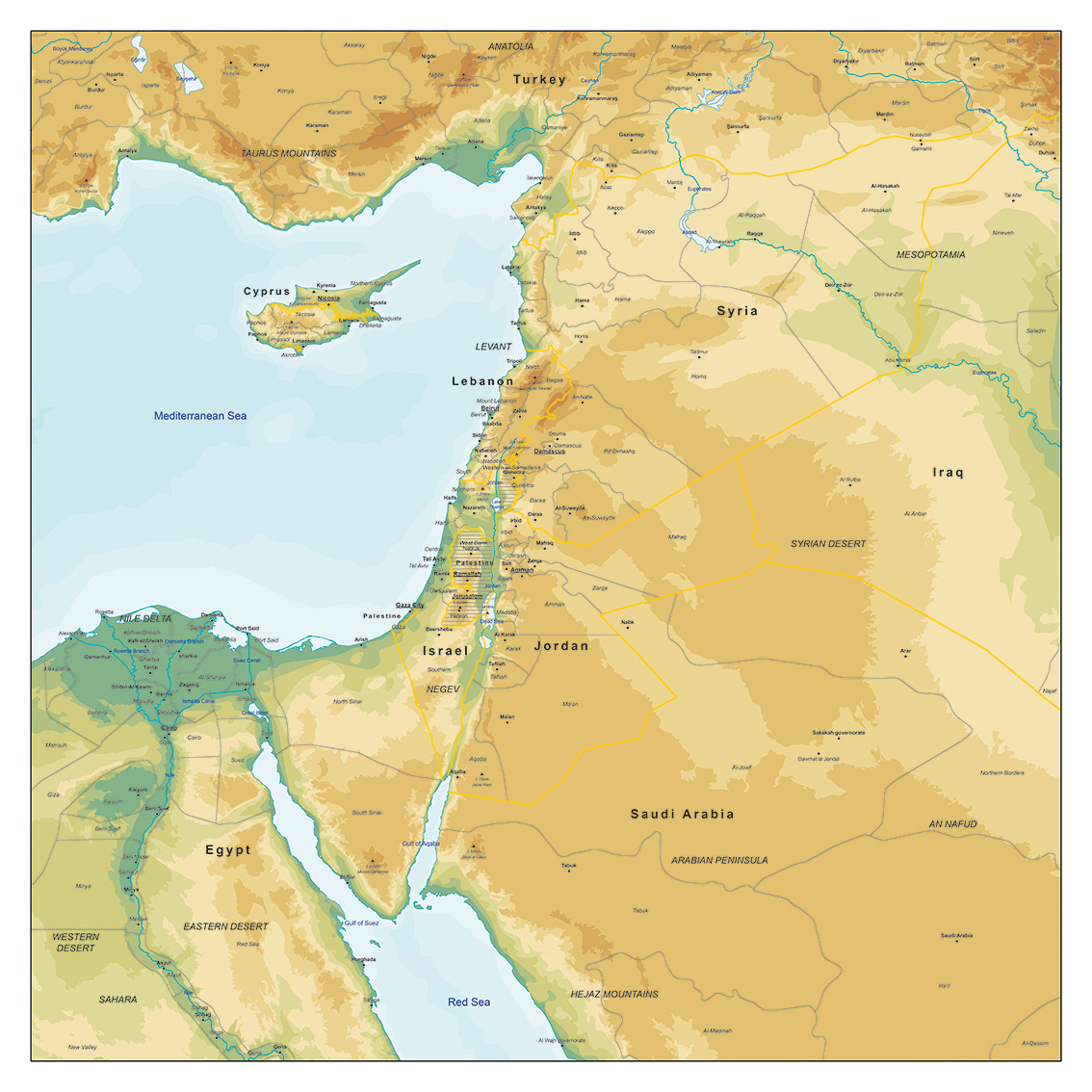 Israël en Omliggende Landen Natuurkundige Kaart