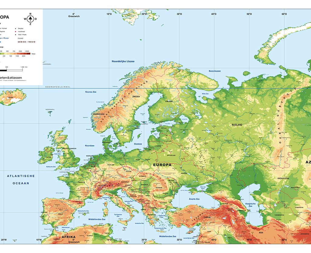 Schoolkaart Europa Natuurkundig