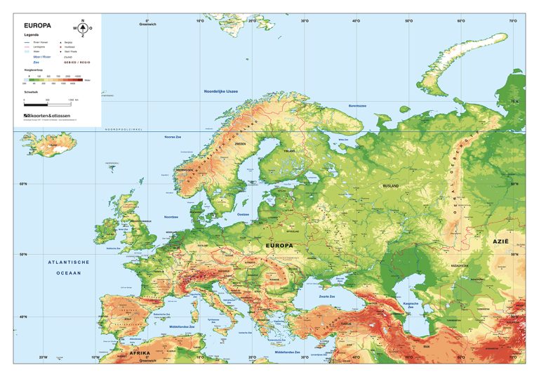 Schoolkaart Europa Natuurkundig