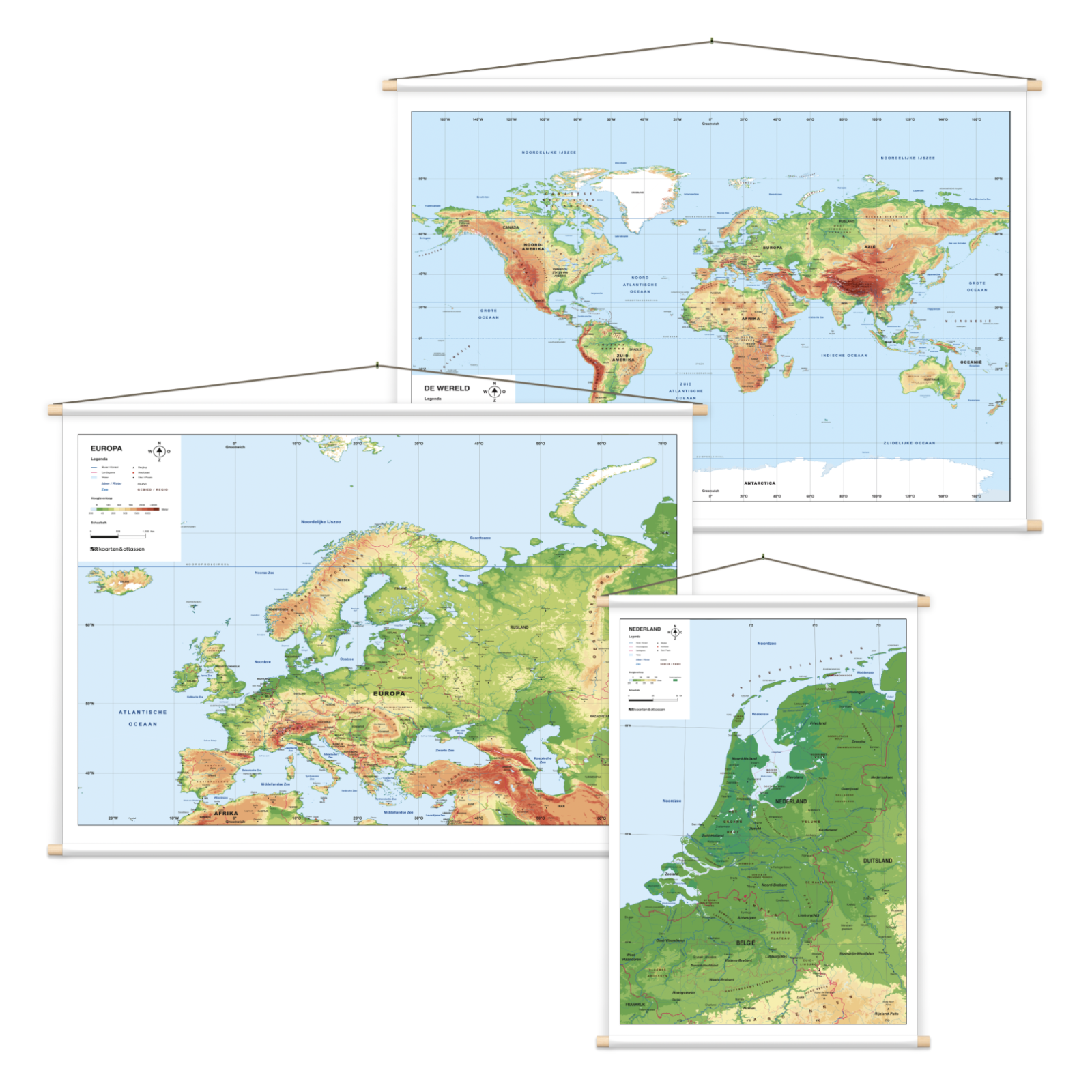 Natuurkundige kaarten Nederland, Europa en de wereld; complete set
