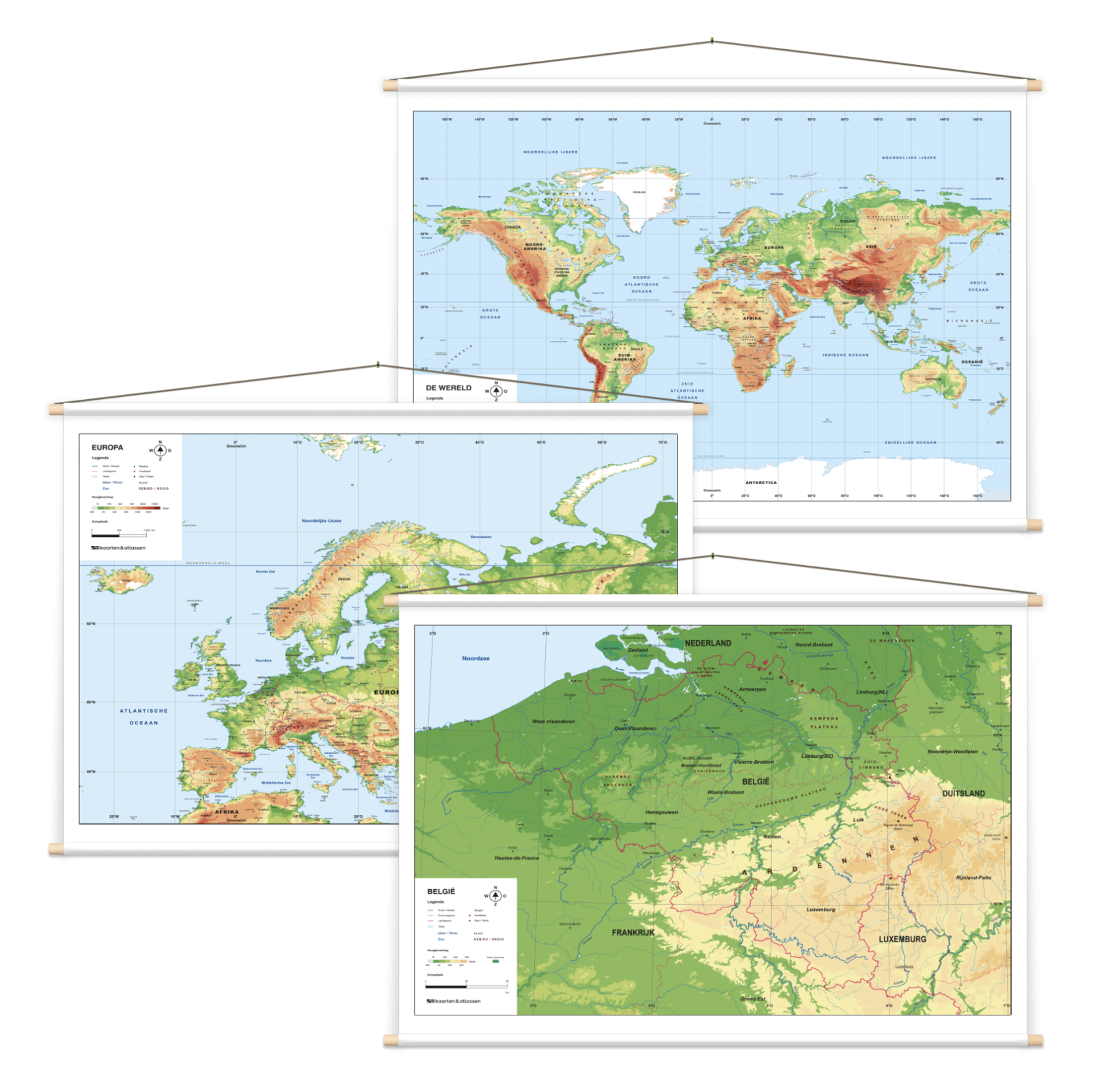 Natuurkundige set ; wereldkaart, europakaart en België kaart