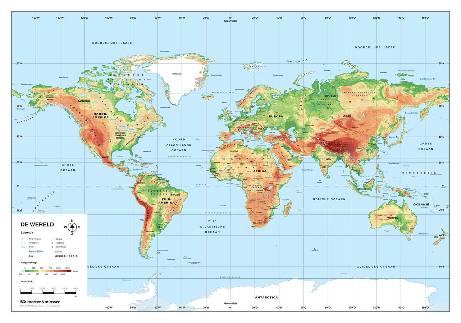 Schoolkaart van de wereld, natuurkundig