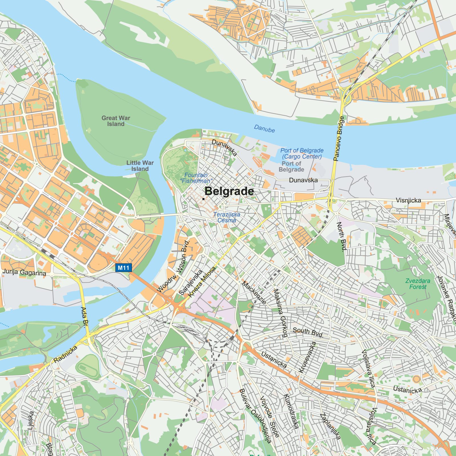 Kaart Belgrado detail