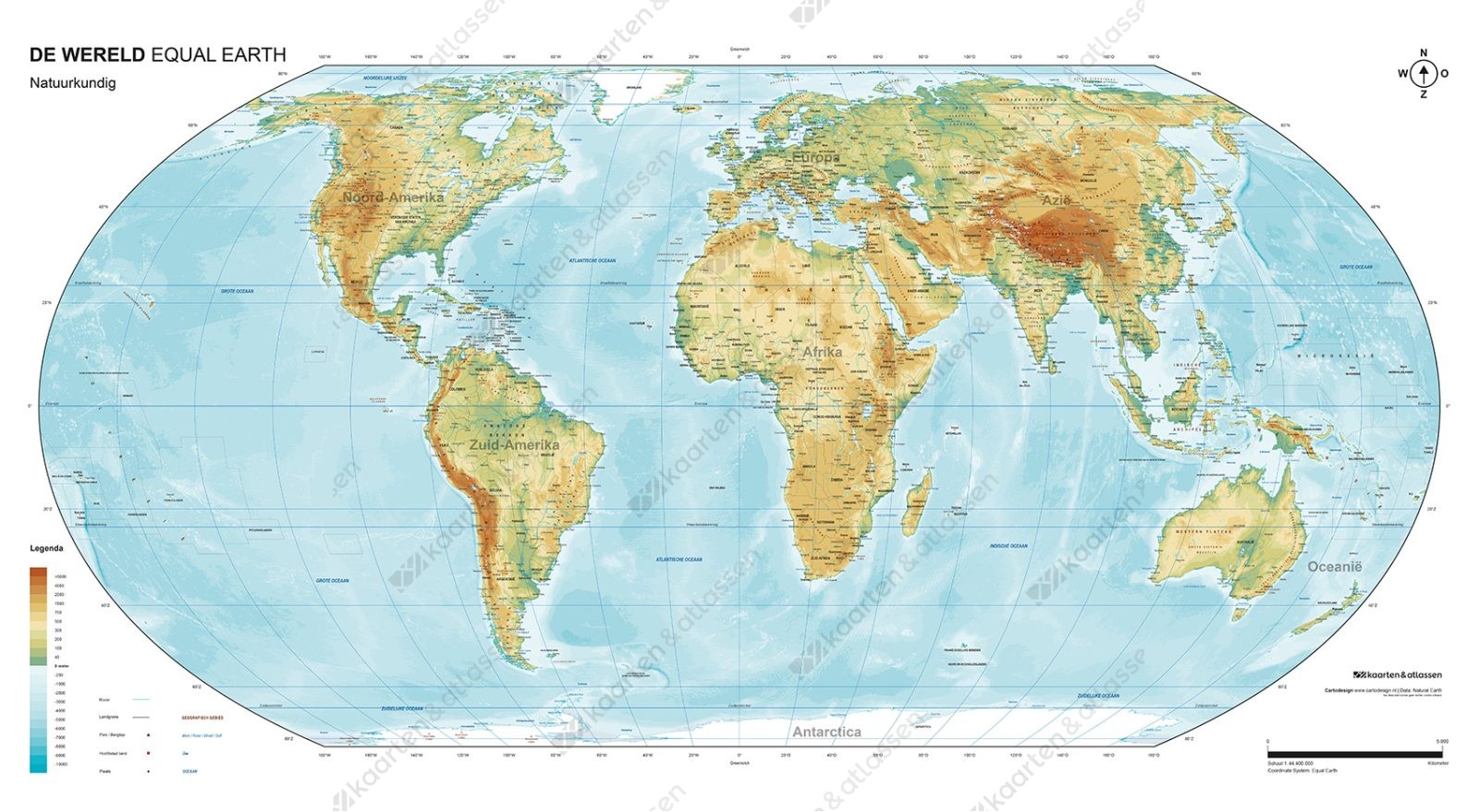 Equal Earth wereldkaart natuurkundig