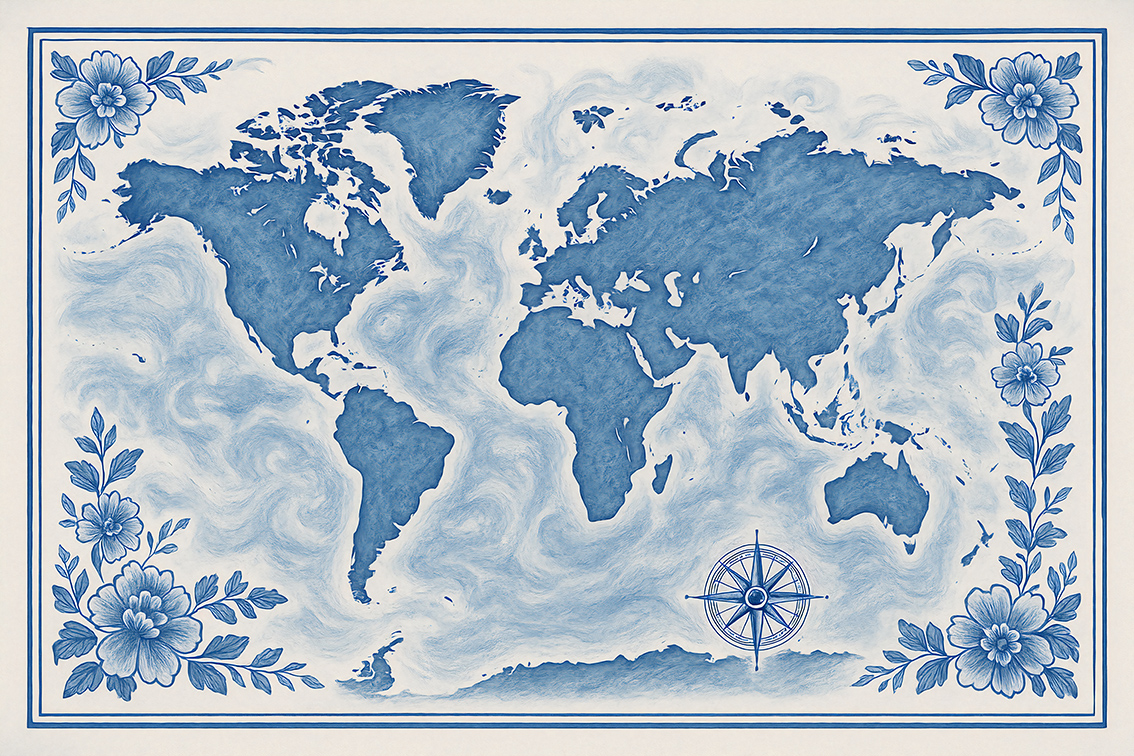 Wereldkaart Delftsblauw