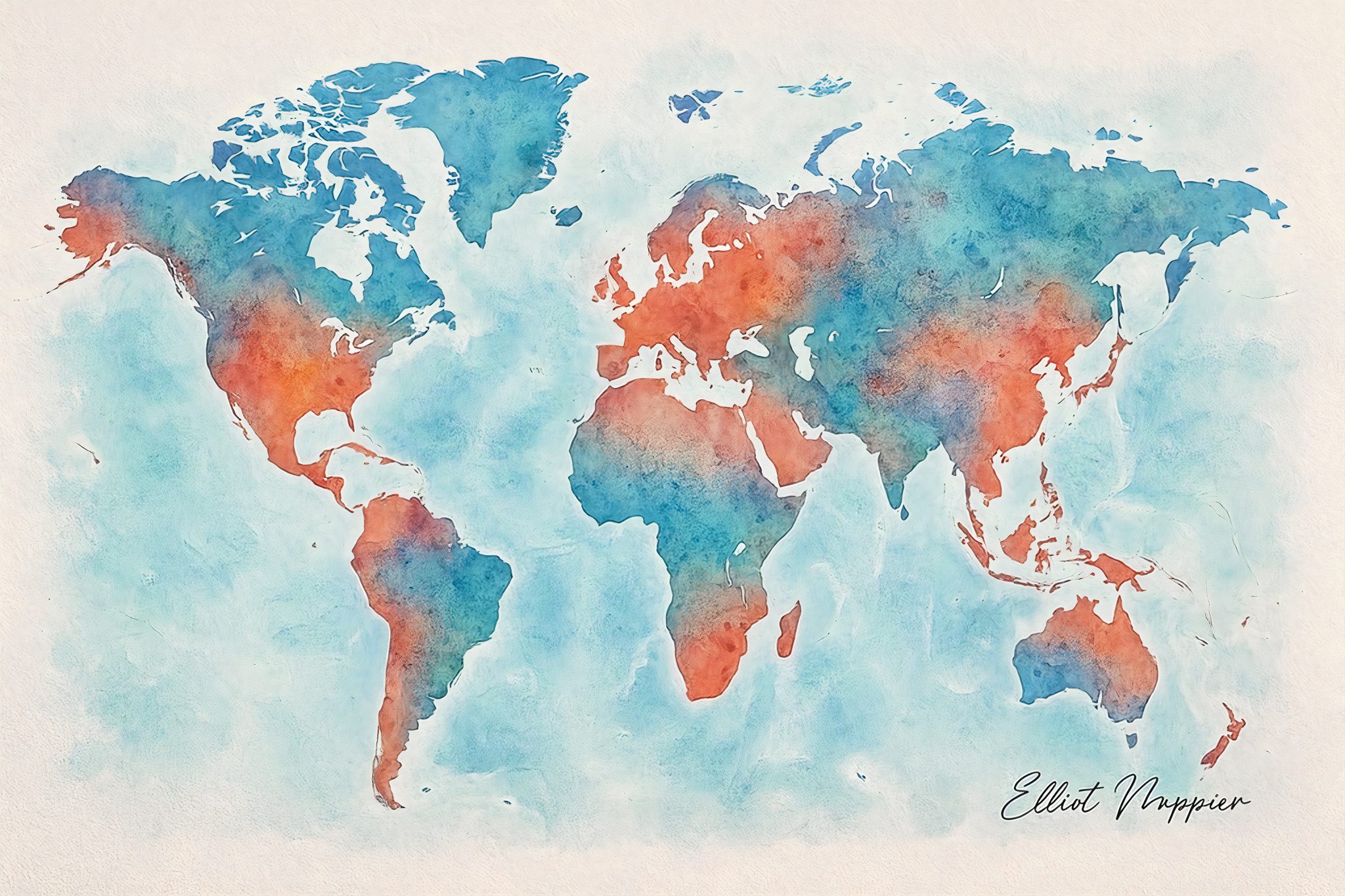 Aquarel Wereldkaart in blauw en rood 1981 - Kaarten en Atlassen.nl