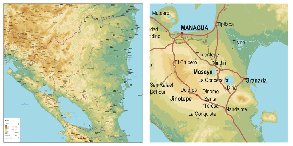 Kaart van Nigaragua, natuurkundig