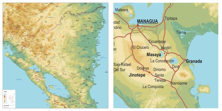 Landkaart van Nigaragua, natuurkundig