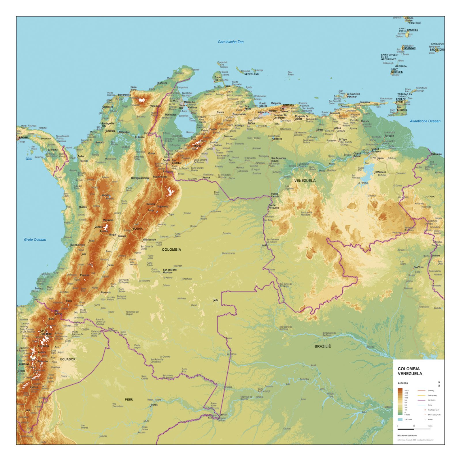 Natuurkundige Landkaart Colombia en Venezuela