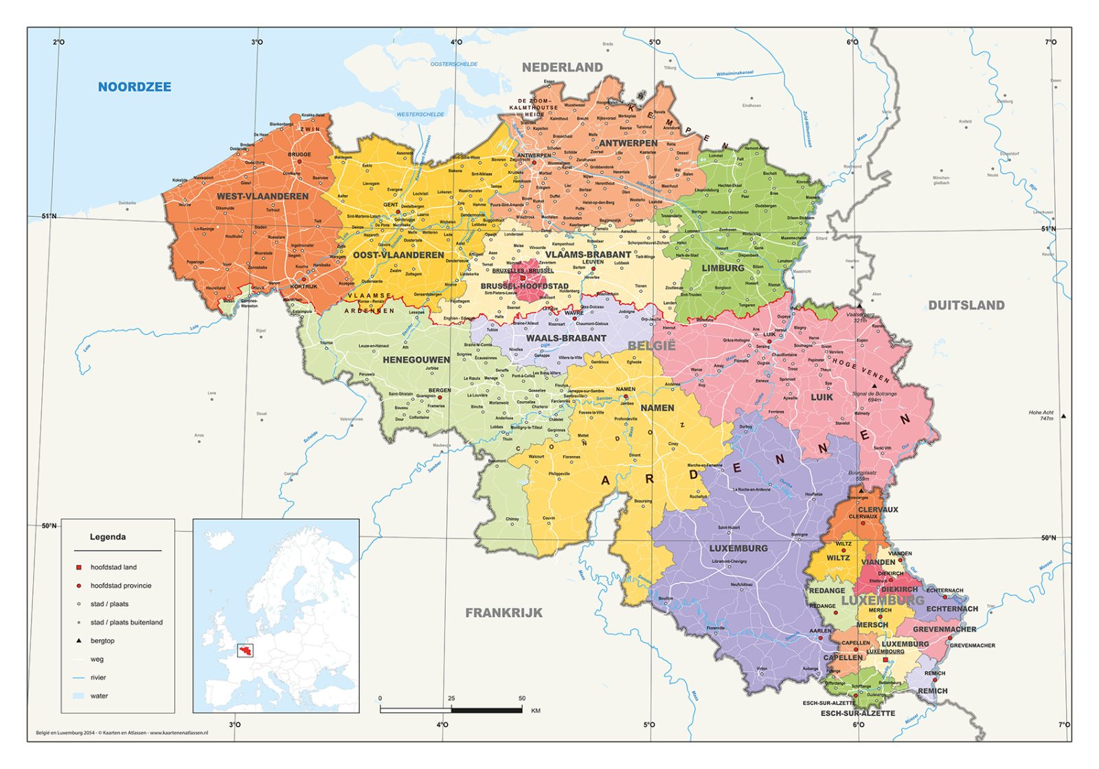 België en Luxemburg staatkundige kaart