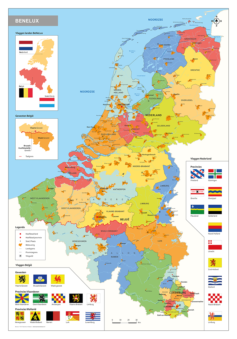 Beneluxkaart staatkundig met alle provincies weergegeven