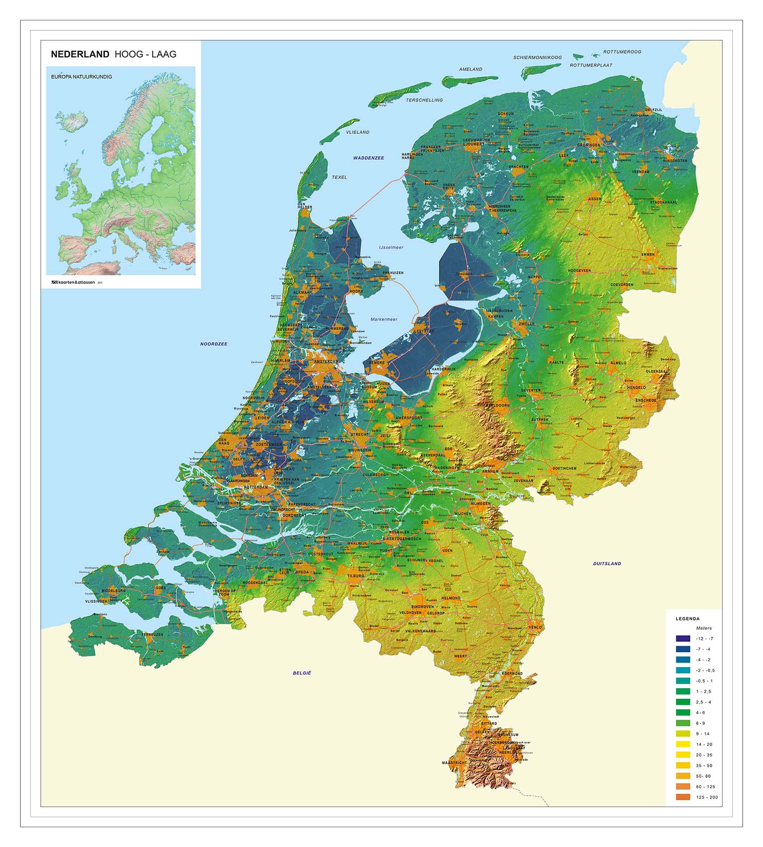 Natuurkundige kaart van Nederland waar de hoge en lage gebieden duidelijk op uit komen