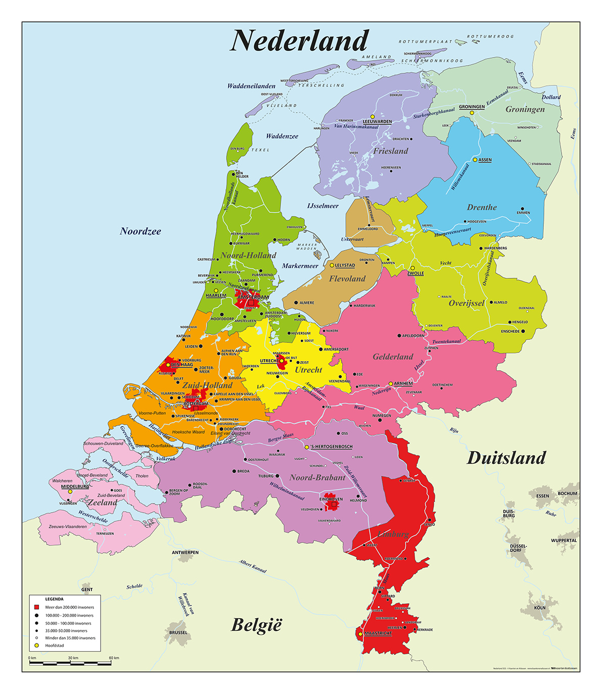 Nederlandkaart staatkundige schoolkaart met duidelijke provincies