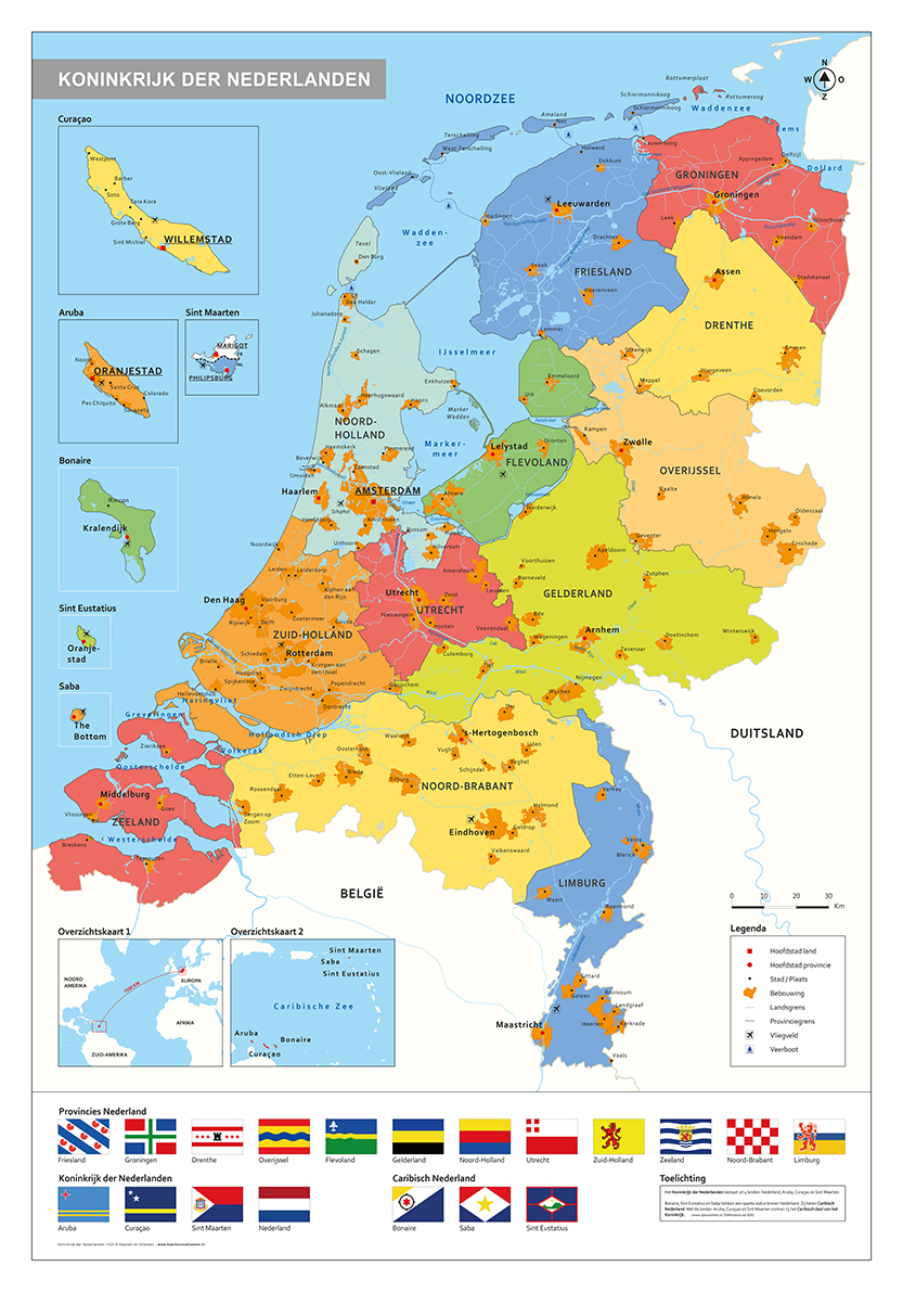 Staatkundige kaart van het Konikrijk der Nederlanden ook met overzeese gebiedsdelen als inzet.