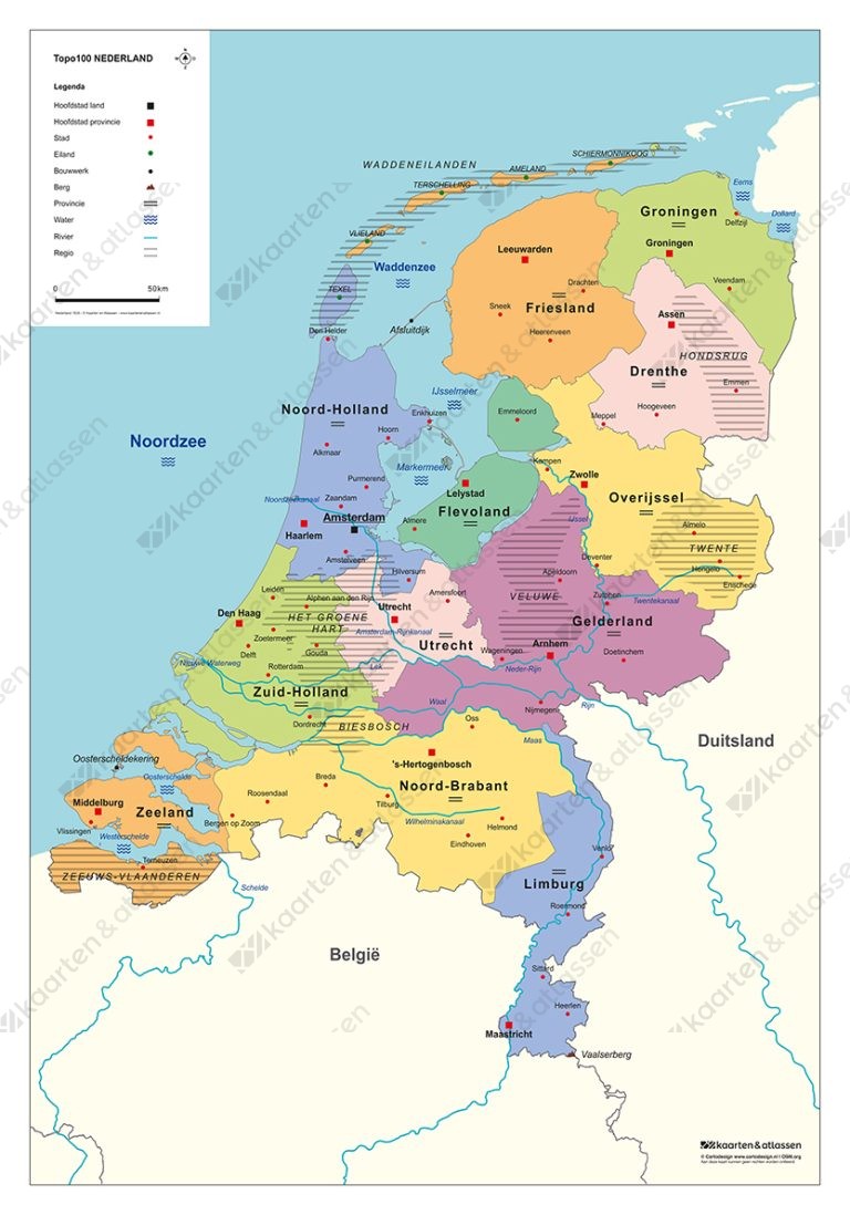 Staatkundige Schoolkaart Nederland geschikt voor Topografie uit de topo100 serie
