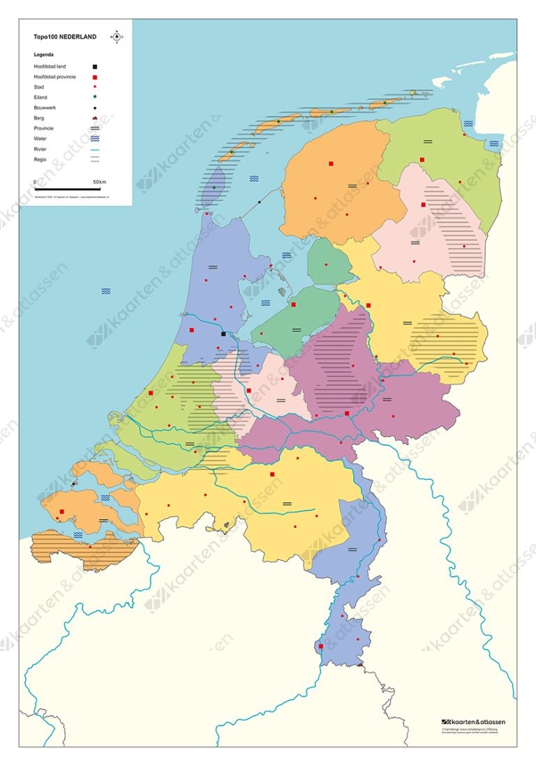 Blinde kaart uit de topo100 serie staatkundige kaart van Nederland