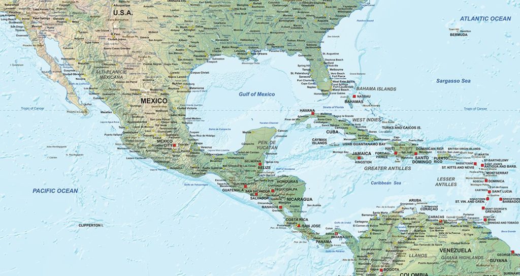 Centraal-Amerika overzicht, kaart 1308 natuurkundig