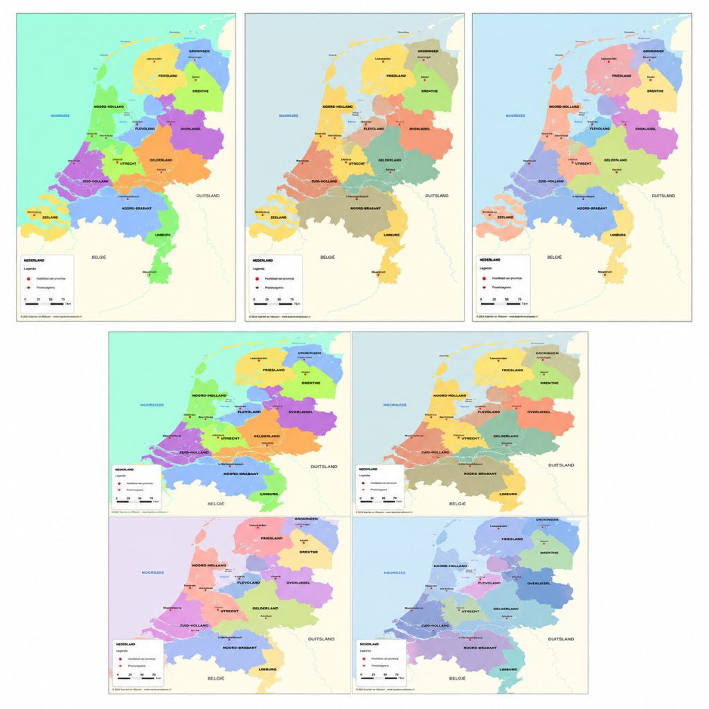 Kleuren van EPS kaarten zijn aan te passen, zoals je hier ziet bij schoolkaart Nederland 462