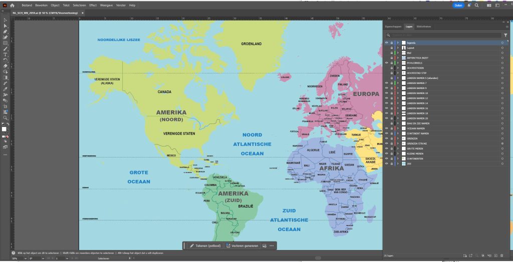 EPS bestanden, zoals deze continenten wereldkaart 2059, bestaan uit lagen die bewerkt kunnen worden, zoals hier in Adobe Illustrator te zien