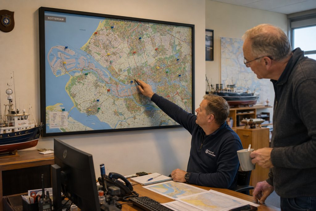 ingelijste beprikbare kaart Rotterdam in kantoor