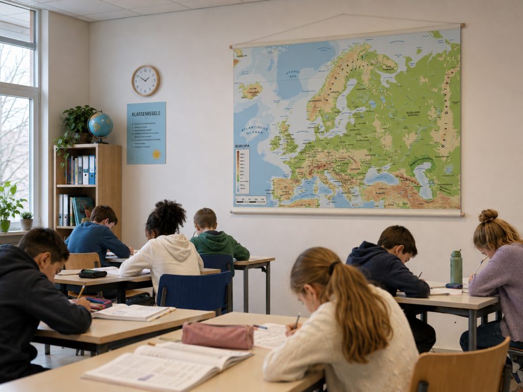 Schoolkaart Europa natuurkundig 1300 vrachtwagenzeil met houten stokken in de klas