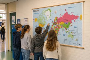 wereldkaart schoolkaart in gang van school