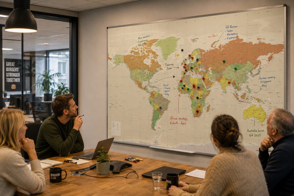 Whiteboard wereldkaart 1768 in kantoor
