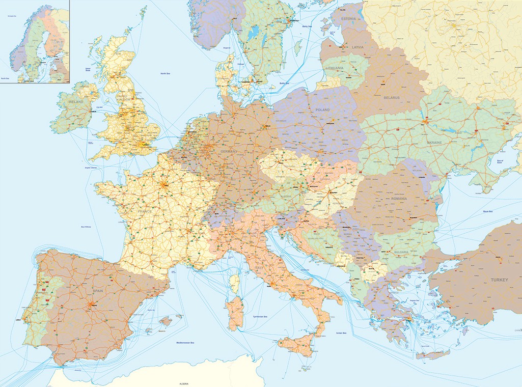 wegenkaarten Europa kleur vol 1410 uitsnede