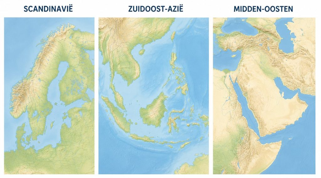 wereld regio's- voorbeelden Scandinavië, Zuidoost Azië, Midden-Oosten