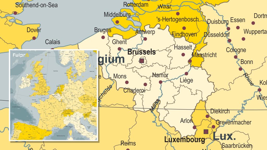 Een custom kaart voor Fulpra. Toont een deel van West Europa in gele kleuren.