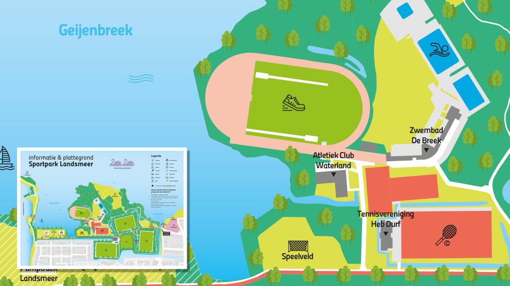 Een custom kaart van een sportpark in landsmeer. Laat een detail van de kaart zien met in de linker onder hoek het volledige kaartje.
