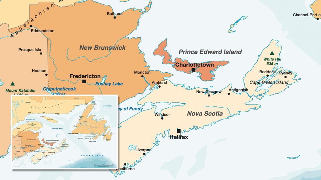Een custom kaart voor van Oord, van het werkgebied waar het bedrijf wilt gaan bouwen. Het toont een uitsnede van de Wester-kust van Canada in roest kleuren. In de linker onderhoek staat het hele kaartje.