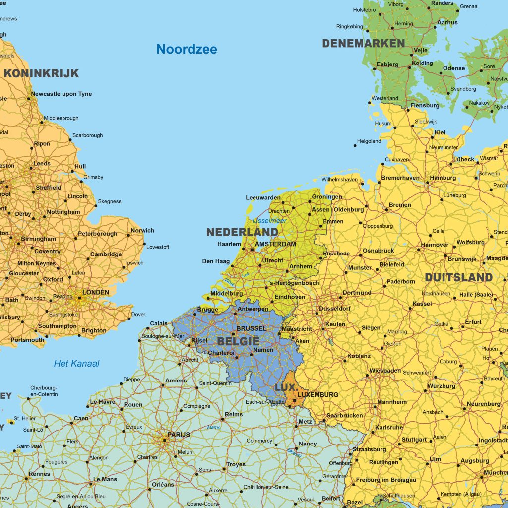 vierkante kaart op schaal 1:1.000.000 regio Nederland, België, West-Duitsland, Frankrijk, Engeland, Denemarken rond Amsterdam