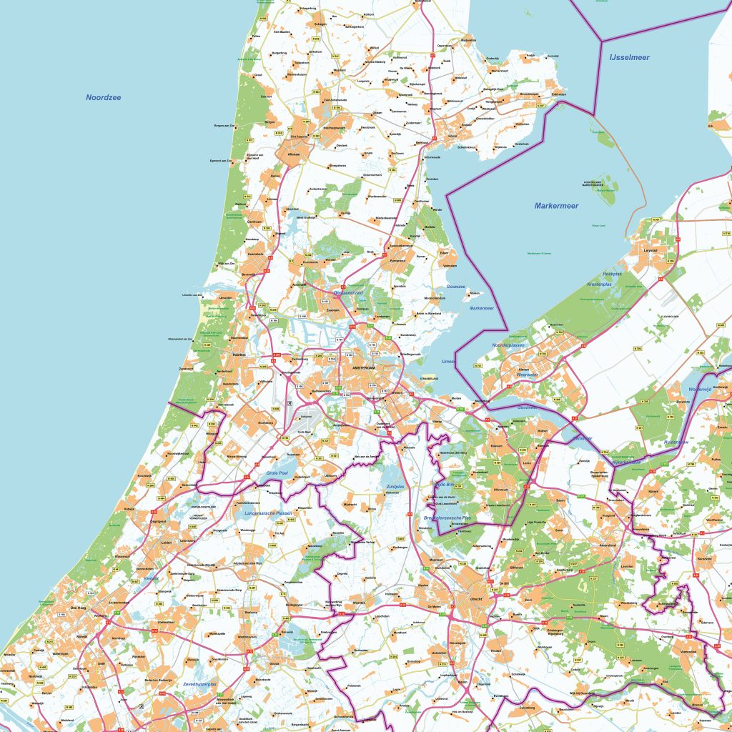 vierkante kaart op schaal 1:100.000 regio Noord-Holland, Zuid-Holland, Utrecht, rond Amsterdam