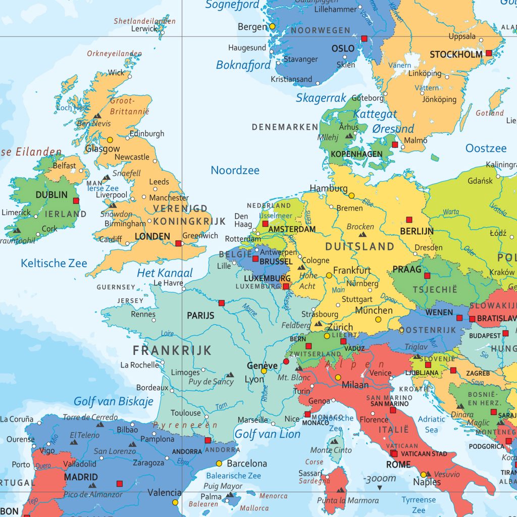 vierkante kaart op schaal 1:2.500.000 West-Europa rond Amsterdam