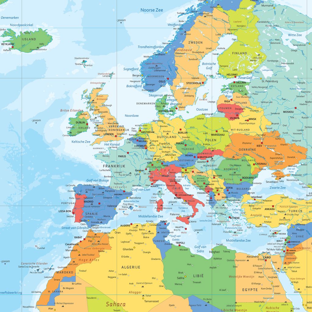 vierkante kaart op schaal 1:5.000.000 Europa en Noord Afrika rond Amsterdam