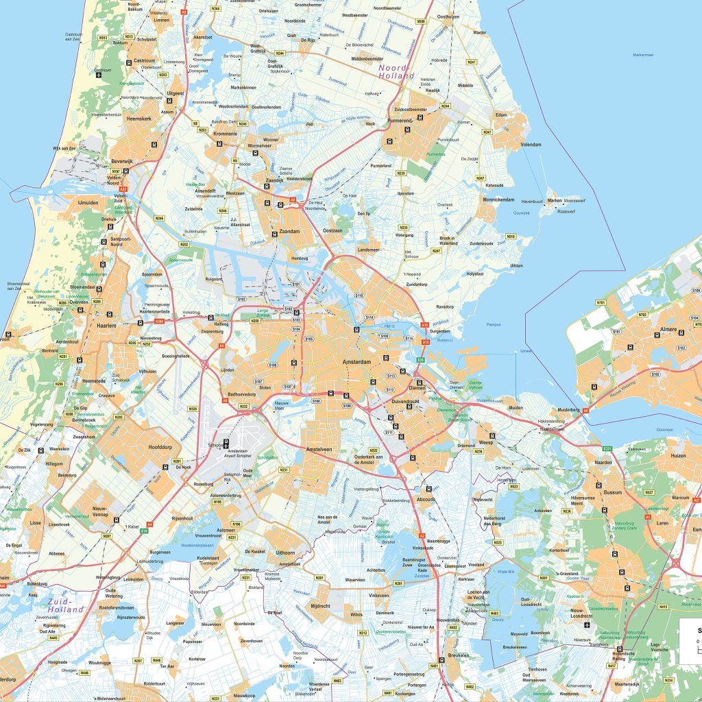vierkante kaart op schaal 1:50.000 regio Noord-Holland rond Amsterdam