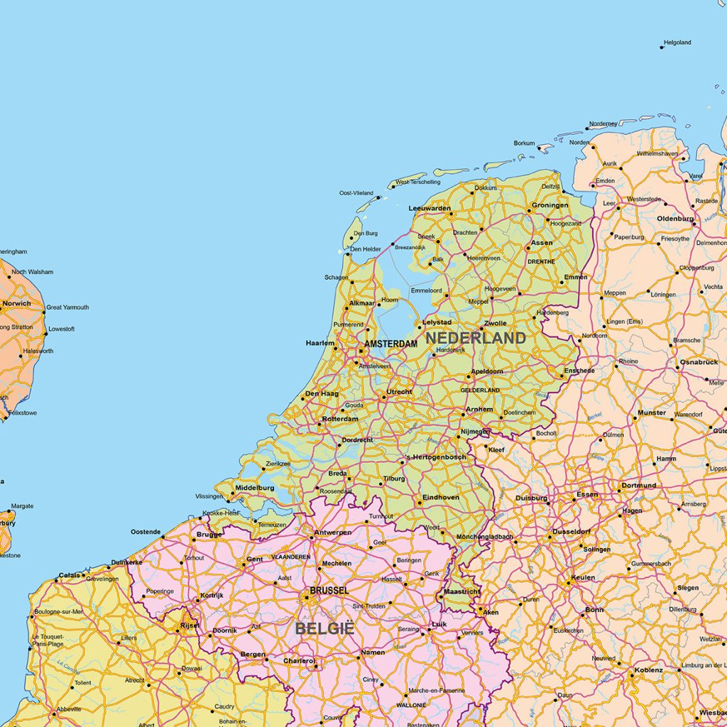 vierkante kaart op schaal 1:500.000 regio Nederland, België, West-Duitsland, rond Amsterdam