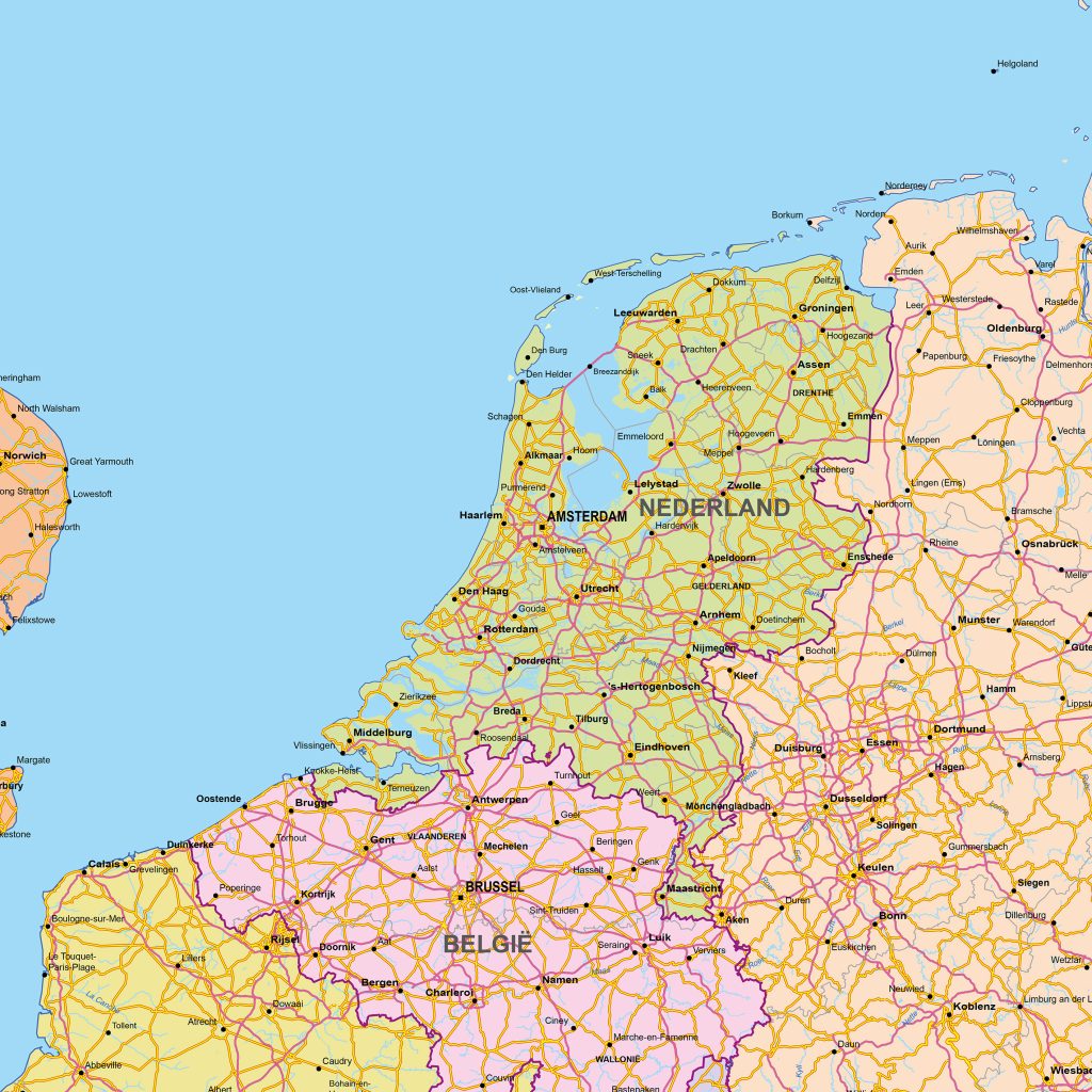 vierkante kaart op schaal 1:500.000 regio Nederland, België, West-Duitsland, rond Amsterdam