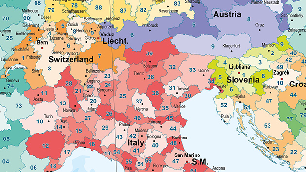 ingezoomd voorbeeld van een 1- en 2-cijferige postcodekaart van Europa, met verschillende kleuren per land en postcodegebied