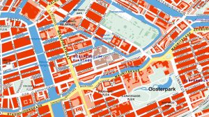 ingezoomd voorbeeld van zichtbare gebouwen op een stadskaart van Amsterdam