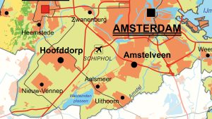Ingezoomd voorbeeld van een luchthaven op een kaart, schiphol