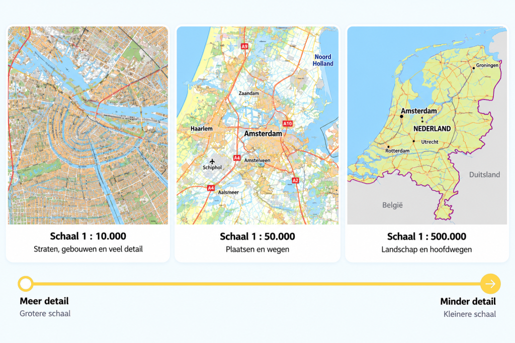 Een overzicht dat leidt naar de pagina 'formaat en detail'. er staan 3 kaarten van amsterdam op verschillende schalen (schaal 1:10.000, 1:50.000 en 1:500.000) en daaronder een pijl van links naar rechts met de teksten "Meer detail, grotere schaal." en "Minder detail, kleinere schaal."