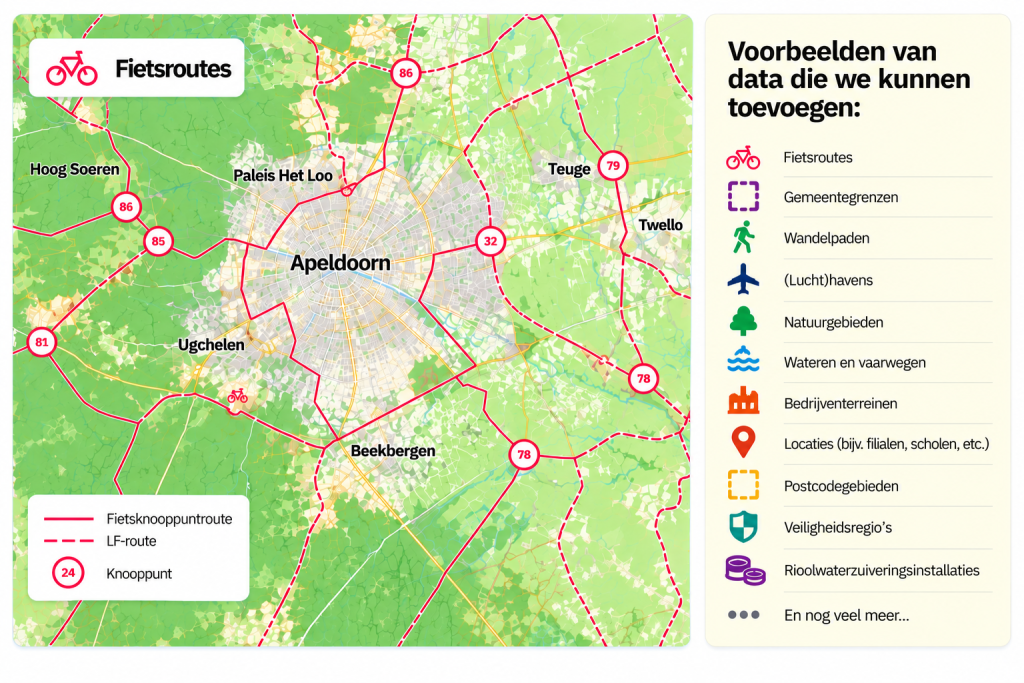 Een kaart van Apeldoorn met fietspaden toegevoegd, Aan de rechterkant staat een Legenda met de tekst "voorbeelden van data die we kunnen toevoegen" en daaronder icoontjes met de voorbeelden zoals "postcodegebied" "wandelpaden" en "bedrijventerreinen"