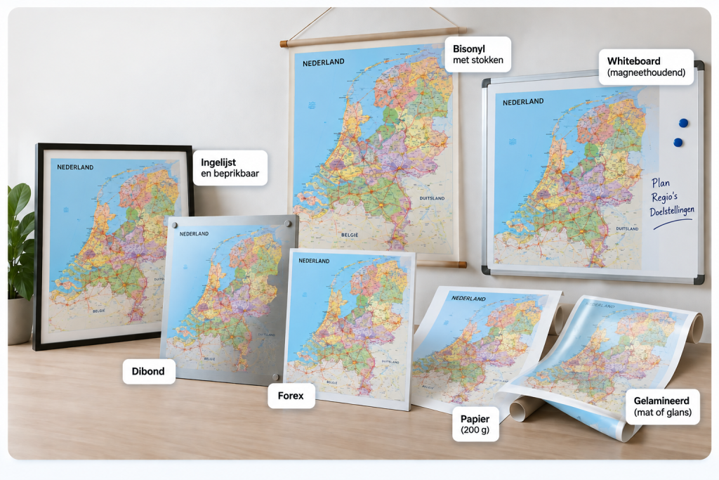 Op de afbeeldingen staan allemaal voorbeelden van dezelfde Nederlandkaart gedrukt op verschillende materialen zoals dibond, vrachtwagenzeil met stokken, papier en whiteboard. De tegel leidt naar een pagina over de verschillende uitvoeringen waarin onze kaarten gemaakt kunnen worden.