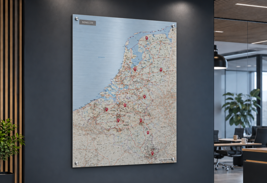 kaart 762 benelux wegenkaart op dibond met locaties in kantoor uitsnede